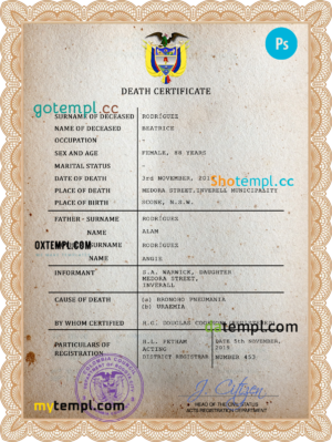 editable template, Colombia vital record death certificate PSD template, fully editable