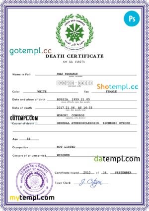 editable template, Comoros death certificate PSD template, completely editable