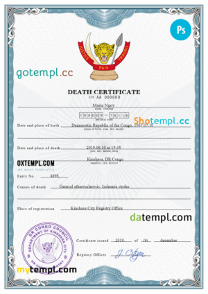 editable template, Congo (Democratic Republic of the Congo) vital record death certificate PSD template, completely editable