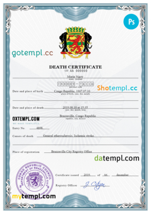 editable template, Congo vital record death certificate PSD template