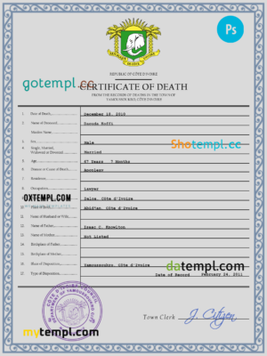 editable template, Côte d'Ivoire vital record death certificate PSD template, fully editable