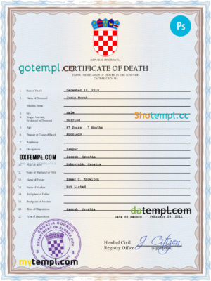 editable template, Croatia death certificate PSD template, completely editable