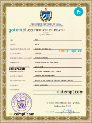 editable template, Cuba vital record death certificate PSD template, completely editable