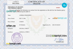 editable template, Cyprus vital record death certificate PSD template