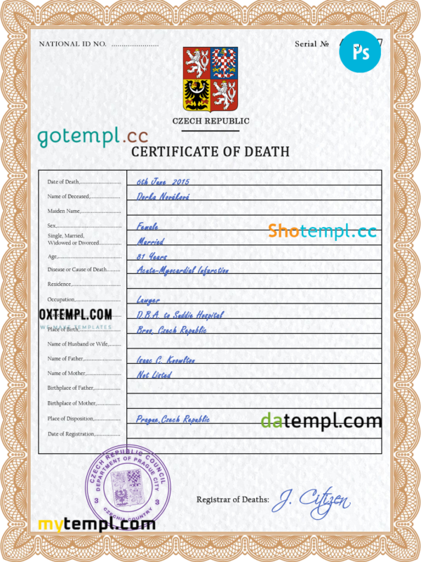 editable template, Czechia death certificate PSD template, completely editable