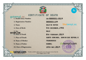 editable template, Dominican Republic vital record death certificate PSD template