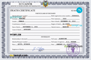 editable template, Ecuador vital record death certificate PSD template, completely editable