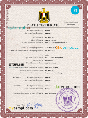 editable template, Egypt death certificate PSD template, completely editable