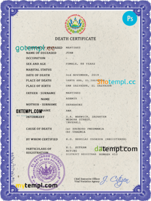 editable template, El Salvador vital record death certificate PSD template