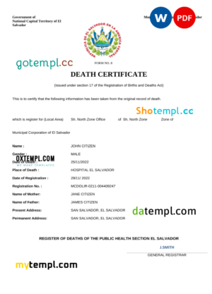 editable template, El Salvador vital record death certificate Word and PDF template