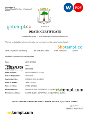editable template, Equatorial Guinea death certificate Word and PDF template, completely editable