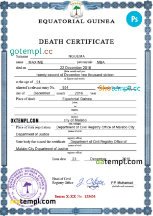 editable template, Equatorial Guinea death certificate PSD template, completely editable
