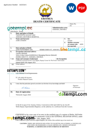 editable template, Eritrea vital record death certificate Word and PDF template
