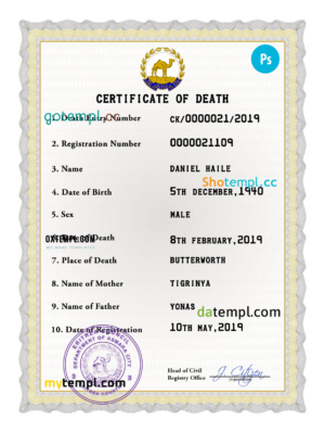 editable template, Eritrea vital record death certificate PSD template, fully editable