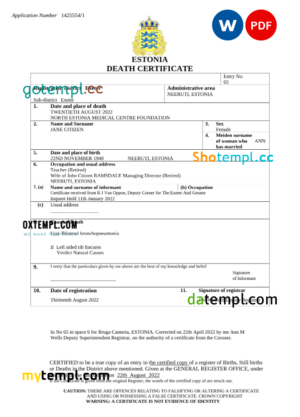 editable template, Estonia death certificate Word and PDF template, completely editable