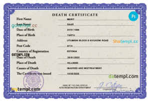 editable template, Estonia death certificate PSD template, completely editable