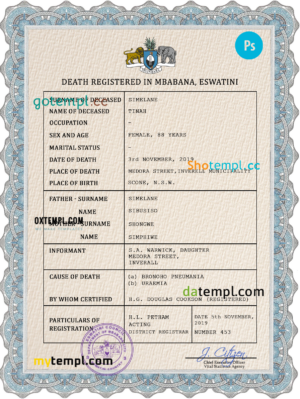 editable template, Eswatini vital record death certificate PSD template, completely editable