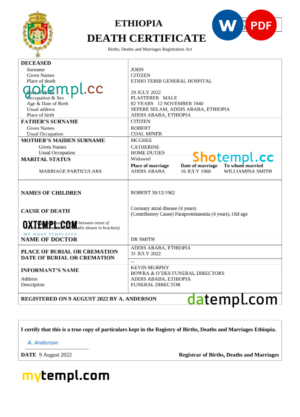 editable template, Ethiopia vital record death certificate Word and PDF template
