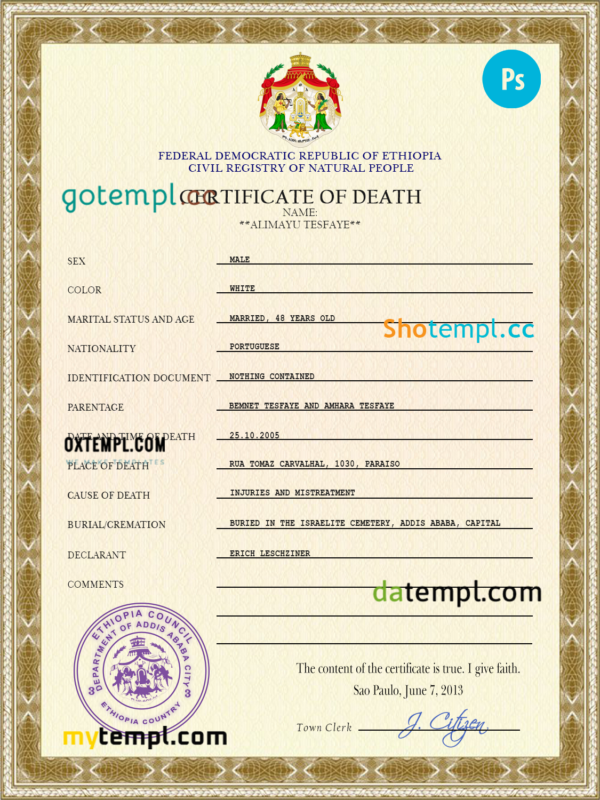 editable template, Ethiopia vital record death certificate PSD template