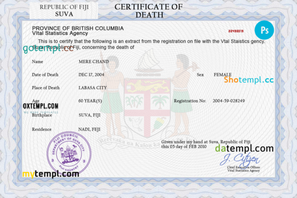 editable template, Fiji death certificate PSD template, completely editable