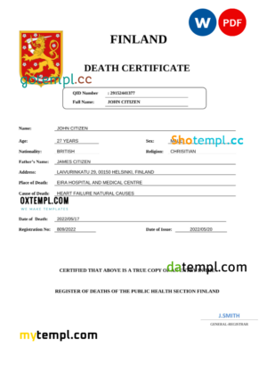 editable template, Finland death certificate Word and PDF template, completely editable