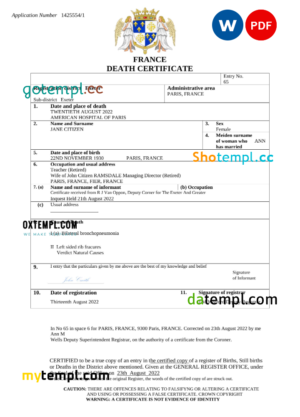 editable template, France vital record death certificate Word and PDF template
