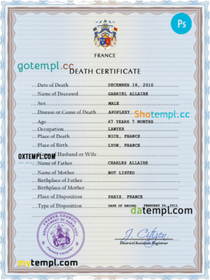 editable template, France vital record death certificate PSD template, completely editable