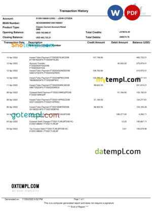 editable template, UAE Fujeirah National bank (NFB) bank statement, Word and PDF template