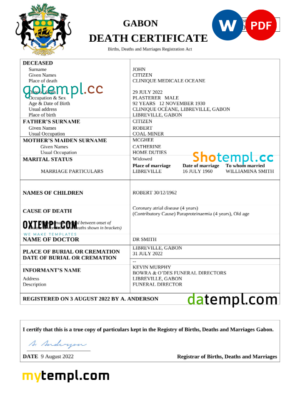 editable template, Gabon death certificate Word and PDF template, completely editable