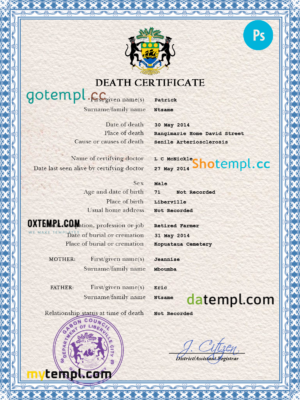 editable template, Gabon vital record death certificate PSD template