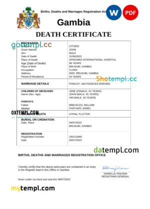 editable template, Gambia vital record death certificate Word and PDF template