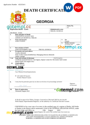 editable template, Georgia vital record death certificate Word and PDF template