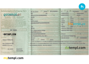 editable template, Germany vehicle registration certificate PSD template, completely editable