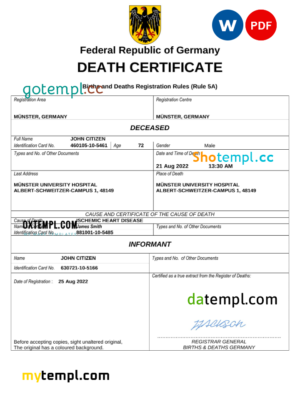 editable template, Germany death certificate Word and PDF template, completely editable