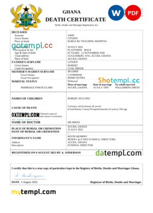 editable template, Ghana vital record death certificate Word and PDF template
