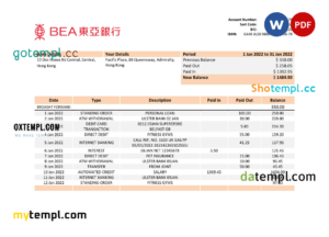 editable template, Hong Kong BEA bank statement Word and PDF template