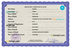 editable template, Hungary vital record death certificate PSD template