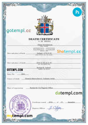 editable template, Iceland vital record death certificate PSD template, completely editable