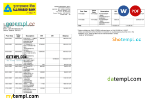 editable template, India Allahabad Bank statement, Word and PDF template, 2 pages
