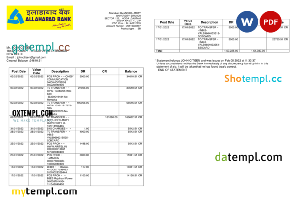 editable template, India Allahabad Bank statement, Word and PDF template, 2 pages