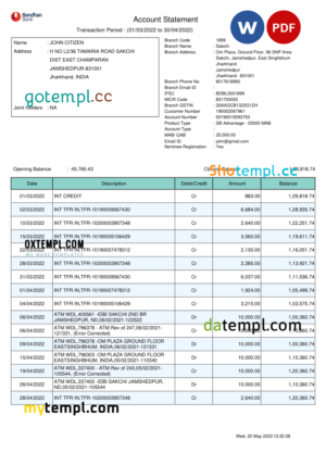editable template, India Bandhan bank statement, Word and PDF template, 2 pages