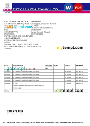 editable template, India City Union Bank statement, Word and PDF template