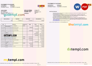 editable template, India IDFC bank statement Word and PDF template, 2 pages, version 2
