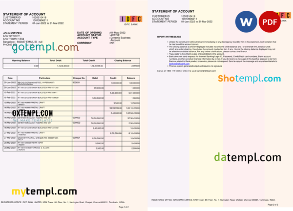 editable template, India IDFC bank statement Word and PDF template, 2 pages, version 2