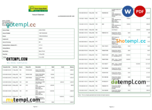 editable template, India KVB bank statement, Word and PDF template, 2 pages