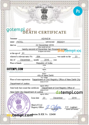 editable template, India death certificate PSD template, completely editable