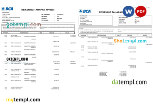 editable template, Indonesia BCA bank statement, Word and PDF template, 2 pages