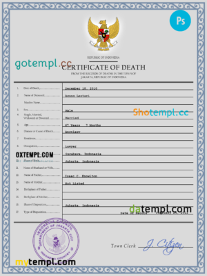 editable template, Indonesia vital record death certificate PSD template, fully editable