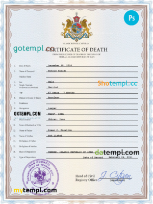 editable template, Iran death certificate PSD template, completely editable
