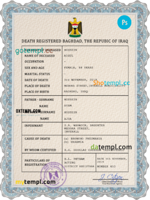 editable template, Iraq vital record death certificate PSD template